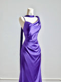 Simple Mermaid Grape Satin Asymmetrical Neck Prom Dresses Long Evening Formal Gown With Scarf Party Gowns HZ0311