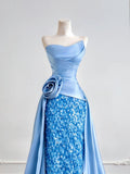 Luxurious Mermaid Strapless Blue Satin With Sequins Prom Dresses Long Evening Formal Birthday Party Gowns HZ0311