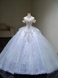 Princess Wedding Dresses Ball Gown Off The Shoulder Light Sky Blue Glitter Sequin With Appliques Bodice Brides Dress Fitted Bridal Gowns HZ0311