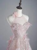 Modest A line Scoop Neck Pink Sequins Prom Dresses Inspiration Party Gowns Princess Formal Dress HZ0311