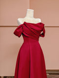 Gorgeous A line Off The Shoulder Burgundy Satin With Short Sleeves Formal Evening Dress Gowns Long Prom Dresses HZ0311