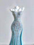 Luxurious Mermaid Spaghetti Strap Blue With Silver Beaded Prom Dresses Long Evening Formal Birthday Party Gowns HZ0311