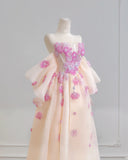 Princess Ball Gown Strapless Champagne Tulle With Lace Long Prom Dresses Inspiration Party Gowns HZ0311