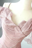 Gorgeous Mermaid Spaghetti Strap Pink Tulle Prom Dresses Sleeveless Long Formal Party Gown HZ0311