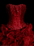 Modest Ball Gown Strapless Red Organza 80s Long Prom Dresses Inspiration Party Gowns Vintage Sweet 16 Dress HZ0311
