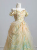 Fairytale Ball Gown Off The Shoulder Green Floral Tulle Long Formal Evening Dress Formal Birthday Gowns Prom Dresses HZ0311