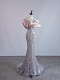 Sparkly Mermaid Off The Shoulder Silver Sequin Short Sleeves Long Prom Dresses Formal Gowns Evening Dress HZ0311