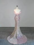 Modest Mermaid Sweetheart Pink Sequin Long Prom Dresses Night Semi Formal Dresses HZ0311