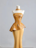 Romantic Mermaid Strapless Gold With Scarf Long Prom Dresses Impress 18th Birthday Outfits Party Gown HZ0311