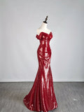 Gorgeous Burgundy Off The shoulder Mermaid Sequin With Short Sleeves Formal Evening Dress Gowns Prom Dresses HZ0311