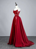 Sparkly Mermaid Strapless Burgundy Sequin Pleated With Train Satin Long Prom Dresses Formal Gowns HZ0311