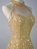 Sparkly Ball Gown High Neck Yellow Sequins Senior Prom Dresses High School Long Formal Dress HZ0311