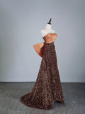 Cute A Line Strapless Brown Sequins Senior Prom Dresses High School Long Formal Dress HZ0311