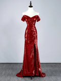 Modest Mermaid Off The Shoulder Wine Red Sequin With Ruffles Slit Long Prom Dresses Night Formal Dresses HZ0311