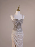 Sexy Mermaid Spaghetti Straps Champagne With Beadings Slit Wrap Long Prom Dresses Impress 19th Birthday Outfits Prom Gown HZ0311