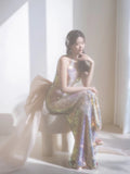 Simple Mermaid Scoop Sequin Long Prom Dresses With Bow Formal Gowns Inspo Evening Outfit HZ0311