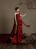 Simple Mermaid Sweetheart With Scarf Burgundy Satin Long Prom Dresses Formal Gowns Inspo Evening Outfit HZ0311