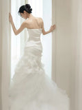 Plain Wedding Dresses Mermaid Strapless White Sleeveless Pleated Brides Dress Fitted Bridal Gowns HZ0311