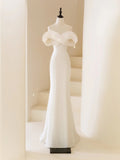 Classic Mermaid Wedding Dresses Off The Shoulder Satin White With Short Sleeves Brides Dress Long Bridal Gowns HZ0311