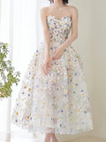 Cute Ball Gown Sweetheart Floral Tulle Tea Length Prom Dresses Formal Gowns Inspo Evening Outfit HZ0311