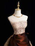 Modest Ball Gown Strapless Champagne Beaded Top Brown Skirt Long Evening Prom Dresses Long Evening Formal Dress HZ0311
