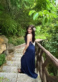 Sexy Navy Blue V-neck Lace-Up Mermaid Long Prom Dress with Slit HZ0311