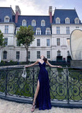 Sexy Navy Blue V-neck Lace-Up Mermaid Long Prom Dress with Slit HZ0311
