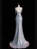 New Mermaid Square Neck Sequins Silver Long Prom Dresses For High School Teens Girls Formal Bridesmaid Dress HZ0311