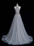 Chic A line Halter Silver Gray Sequins Senior Prom dresses High School Long Formal Dresses HZ0311
