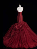 Princess Mermaid Sweetheart Burgundy Tulle Pleated Ruffles Satin Long Formal Evening Dress Gowns Prom Dresses HZ0311