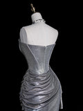Whimsical Mermaid Strapless Silver Gray Sequin Pleated Bodice Long Prom Dresses Night Formal Dress HZ0311