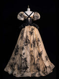 Modest Ball Gown Sweetheart With Puffy Short Sleeves Black Floral Long Prom Dress For Women Girls Evening Dresses HZ0311