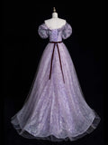 Elegant Ball Gown Off The Shoulder Lilac Sequin Tulle Long Prom Dresses For Teens Evening Outfits Formal Dress HZ0311