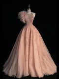 Modest Ball Gown Jewel Neck Pink Beaded Bodice Tulle Long Formal Evening Dress Gowns Formal Prom Dresses HZ0311