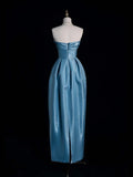 Gorgeous A Line Strapless Blue Satin Long Formal Evening Dress Gowns Prom Dresses HZ0311