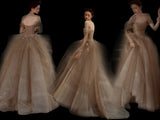 Elegant Ball Gown Off The Shoulder Champagne With Sleeves Tulle Inspiration Long Prom Dresses HZ0311