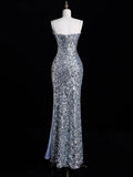 Chic Mermaid Spaghetti Strap Silver Gray Sequins Senior Prom dresses High School Long Formal Dresses HZ0311