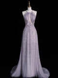 Modest A line High Neck Silver Gray Sequins Prom Dresses Inspiration Party Gowns Princess Formal Dress HZ0311