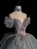 Modest Ball Gown Off The Shoulder Silver Tulle Prom Dresses Inspiration Party Gowns Princess Formal Dress HZ0311