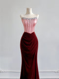 Romantic Mermaid Strapless Pink Top Satin Burgundy Velvet Long Prom Dresses Impress 18th Birthday Outfits Party Gown HZ0311