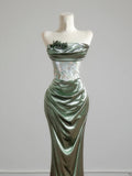 Romantic Mermaid Strapless Sage Green With Ruffles Long Prom Dresses Impress 18th Birthday Outfits Party Gown HZ0311