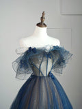 Modest Ball Gown Off The Shoulder Blue Tulle College Formal Sweet 16 Outfit Long Prom Dresses For Teens HZ0311