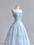Timeless Ball Gown Strapless Light Sky Blue Tulle Long Prom Dresses Inspiration Party Gowns HZ0311