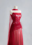 Simple A Line Strapless Red With Scarf Prom Dresses Long Evening Formal Gown BirthdayParty Gowns HZ0311