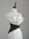 Beautiful Mermaid Strapless White Sequin Long Prom Dresses Formal Gowns Inspo Evening Outfit HZ0311