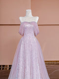 Sparkly A line Off The Shoulder Pink Sequined With Short Sleeves Formal Evening Dress Gowns Long Prom Dresses HZ0311