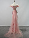Sparkly Mermaid Off The Shoulder Pink Sequin Short Sleeves Long Prom Dresses Formal Gowns Evening Dress HZ0311