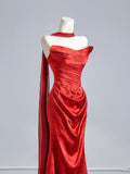 Flattering Mermaid Strapless Red Satin With Scarf Prom Dresses Long Evening Formal Birthday Party Gowns HZ0311