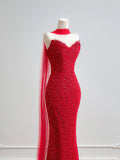 Romantic Mermaid Sweetheart Red Lace With Scarf Long Prom Dresses Impress 18th Birthday Outfits Party Gown HZ0311