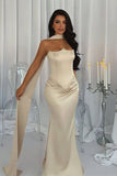 Luxury Strapless Mermaid Prom Dresses Satin Floor Length Sleeveless With Beads Ribbon HZ0311